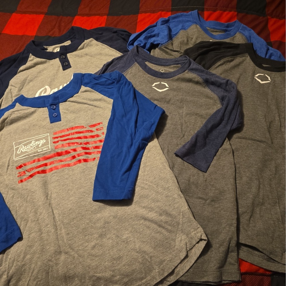 Set Of 3/4 Sleeve Youth Baseball Tees, Youth Small, 2 Rawlings And 3 Evoshield